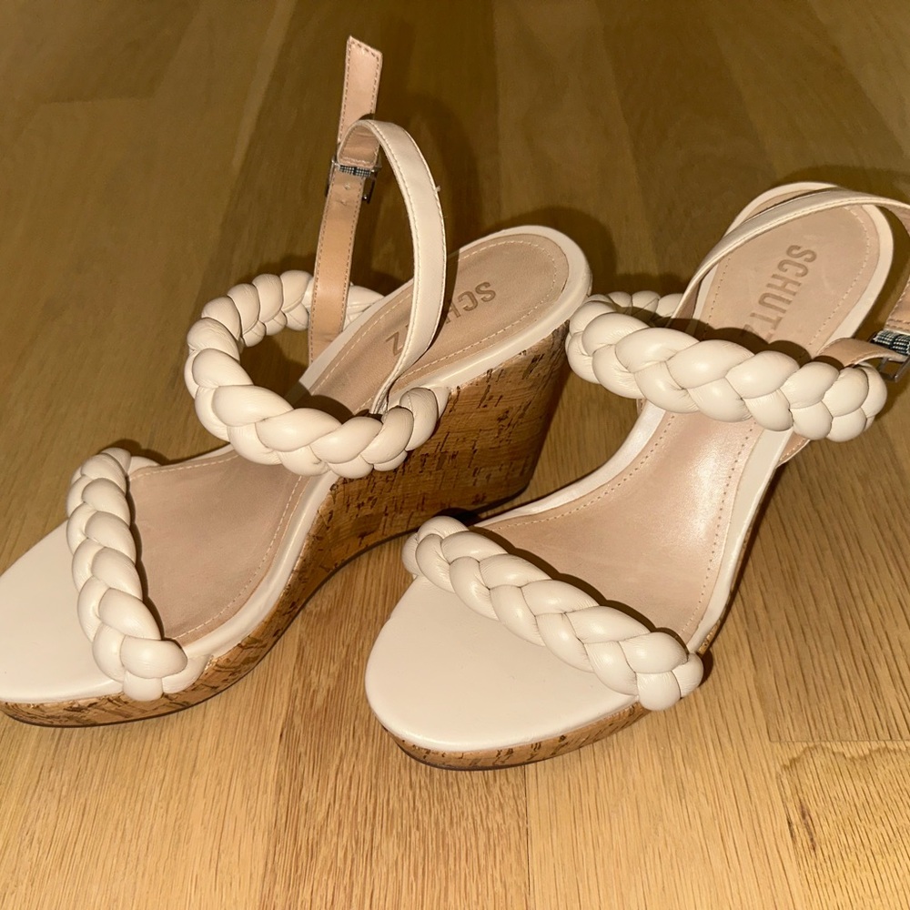 SCHUTZ Cream Braided Cork Wedge Sandals